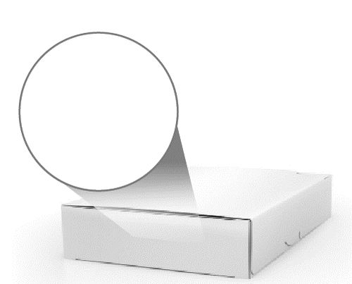 Scatola di cartone bianca aperta con un inserto pieghevole interno visibile e una lente d