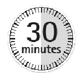 Cerchio con indicazione temporale di 30 minuti diviso in metà bianca e grigia con testo in nero