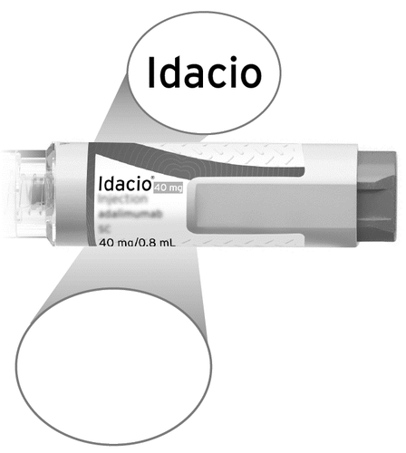 Penna precompilata Idacio 40 mg con indicazione della dose e volume, evidenziata da frecce e cerchi grigi chiari