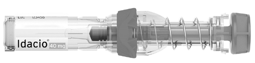 Penna precompilata Idacio 40 mg con meccanismo a molla visibile e indicatore di dose trasparente