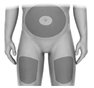 Torso umano stilizzato con aree ombreggiate che indicano i siti di iniezione sull