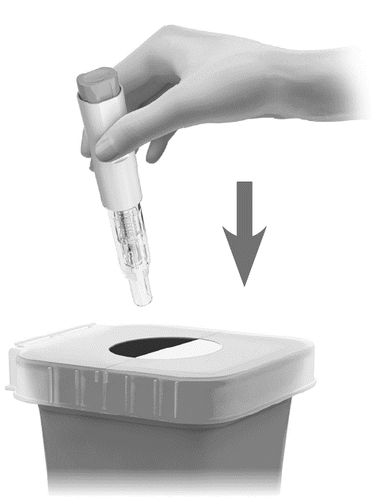 Mano che tiene un dispositivo per iniezione penna e punta verso un contenitore per oggetti appuntiti con freccia nera
