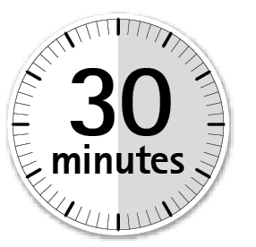 Orologio con quadrante bianco e numeri neri che indica le 30 minuti con metà cerchio grigio