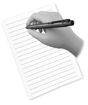 Mano che impugna una penna nera su un foglio a righe bianche per scrivere o compilare un modulo