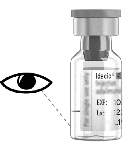 Fiala di medicinale Idacio 40 con etichetta e data di scadenza, accanto un occhio umano stilizzato collegato da linea tratteggiata