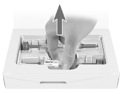 Mano che estrae una penna precompilata Idacio da un blister trasparente bianco con freccia direzionale