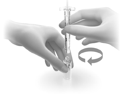 Mani che tengono una siringa preriempita e una fiala di vetro trasparente con freccia curva che indica la rotazione