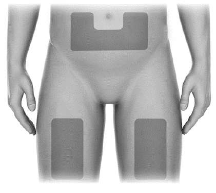 Torso maschile con evidenziate in grigio le aree di applicazione di cerotti o medicazioni addominali e inguinali