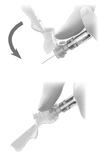 Siringa pre-riempita con ago inserito nella pelle, freccia curva che indica la direzione di rotazione per l
