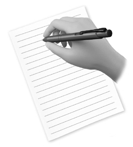 Mano che tiene una penna nera sopra un foglio a righe bianche per scrivere o compilare un modulo