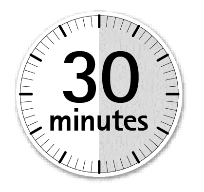 Orologio con lancetta che indica 30 minuti, metà quadrante grigio e metà bianco, scritta