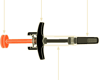 Siringa preriempita con stantuffo arancione, corpo trasparente e cappuccio protettivo nero con estremit&agrave; zigrinata