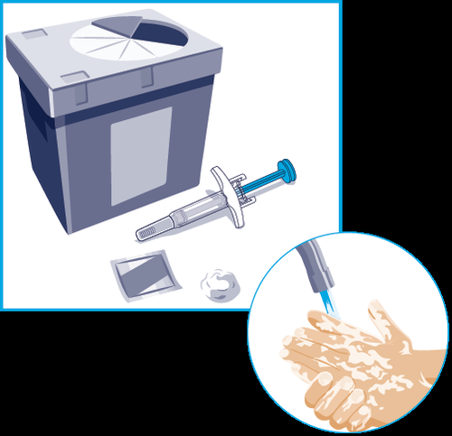 Contenitore per oggetti appuntiti con siringa pre-riempita e tampone alcolico vicino, dettaglio mani che disinfettano la zona di iniezione