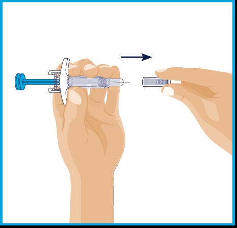 Mano che tiene una siringa preriempita con ago protetto e un
