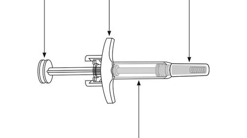 Siringa pre-riempita con ago protetto da cappuccio, corpo cilindrico trasparente e meccanismo di rilascio del farmaco