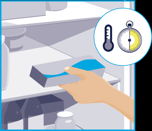 Mano che preme un dispositivo blu a forma di penna con un termometro e un cronometro sovrapposti in cerchio