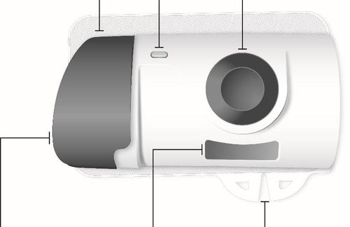 Dispositivo autoiniettante bianco e nero con pulsante circolare grigio e area di presa laterale