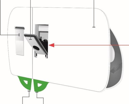 Dispositivo autoiniettante con pulsante verde, finestra di visualizzazione e indicatore rosso che mostra la direzione di iniezione
