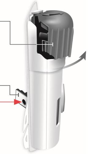 Dispositivo medico autoiniettante bianco con sezione trasversale che mostra componenti interne e freccia di rotazione