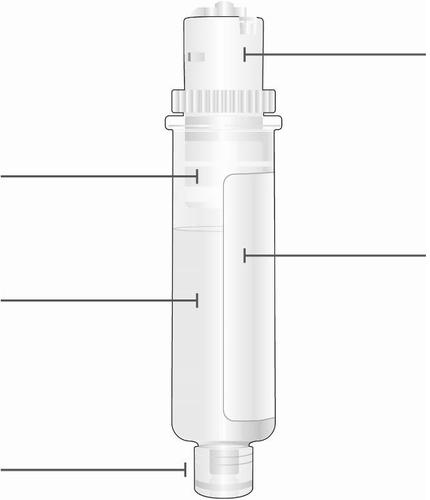 Siringa preriempita trasparente con stantuffo visibile e indicazioni di livello del liquido graduato con frecce direzionali
