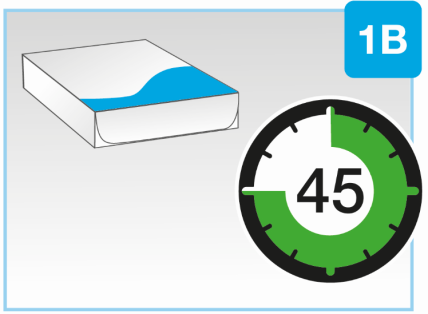 Confezione di farmaco bianca con apertura blu e orologio con lancetta verde che indica le 45 minuti