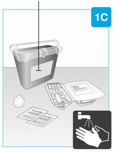 Contenitore per rifiuti sanitari affiancato da guanti, salviette disinfettanti, sacchetti e simbolo di lavaggio mani