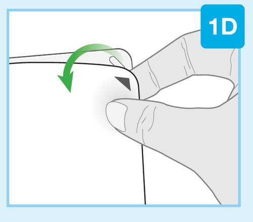 Mano che afferra un dispositivo medico con freccia verde che indica la direzione di inserimento nell