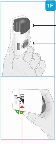 Dispositivo autoiniettante bianco tenuto in mano con freccia rossa che indica il punto di iniezione e indicazioni numeriche 1F