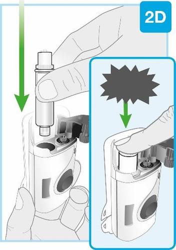 Mano che inserisce un dispositivo medico bianco e grigio con freccia verde indicante la direzione di iniezione e dettaglio ingrandito