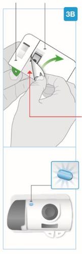 Mano che stringe un dispositivo medico con frecce rosse e verdi indicanti la direzione e una capsula blu in basso a destra