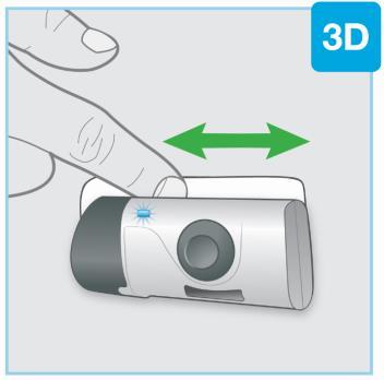 Dispositivo autoiniettante bianco e nero con pulsante circolare blu e frecce verdi laterali