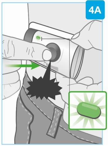 Iniezione sottocutanea con ago corto e smussato, freccia verde indica direzione, dettaglio ingrandito del punto di iniezione e area cutanea circostante