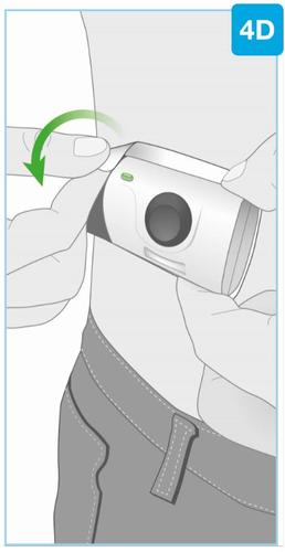 Dispositivo autoiniettante bianco e grigio tenuto in mano con freccia verde che indica la rotazione