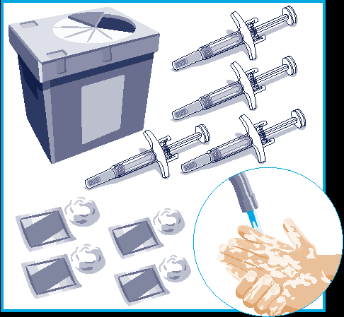 Contenitore per rifiuti appuntiti, tre siringhe pre-riempite e salviette alcoliche con mano che si disinfetta prima dell