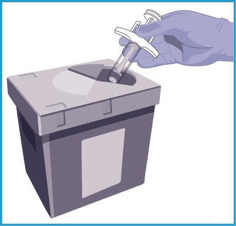 Siringa pre-riempita con ago protetto sopra un contenitore per rifiuti speciali con coperchio grigio