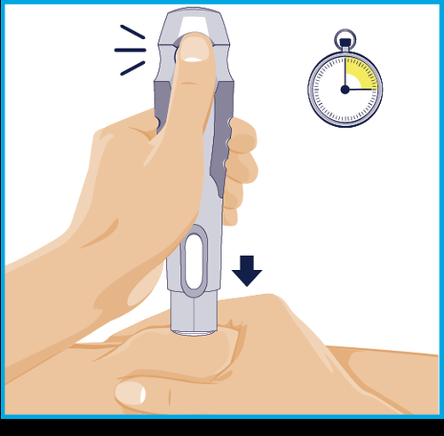 Mano che preme il pulsante di un dispositivo medico blu con frecce bianche e un timer giallo sullo sfondo