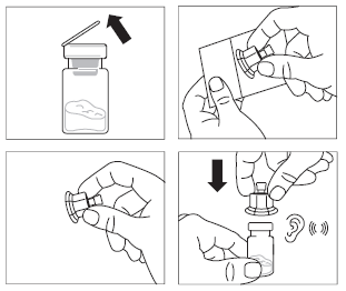 Fiala di vetro con liquido e tappo, mani che preparano e collegano un dispositivo all