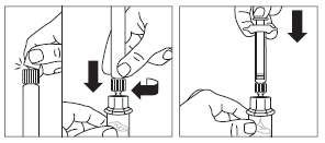 Mano che avvita un adattatore su un flacone e poi collega una siringa premendo verso il basso con una freccia nera
