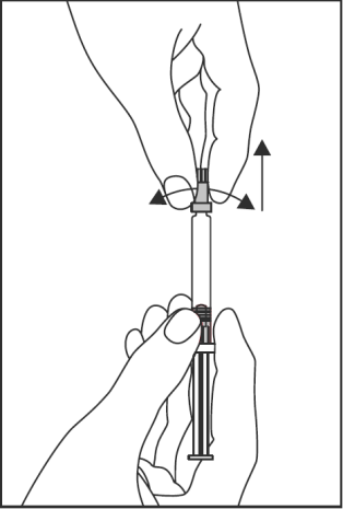 Mano che tiene una siringa preriempita con ago inserito nella pelle, freccia che indica la direzione di iniezione e cerchietti attorno al punto di inserimento