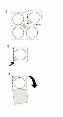Schema di quattro quadrati con cerchi interni e frecce che indicano il movimento di un quadrato verso il basso