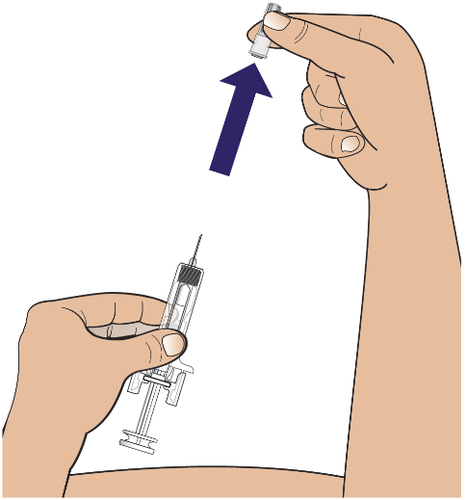 Mano che tiene una siringa e una fiala di medicinale con una freccia blu che indica la direzione di inserimento dell