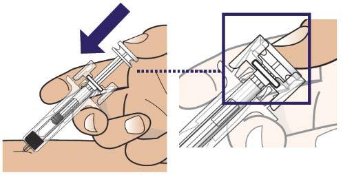 Mano che tiene una siringa preriempita con ago inserito nella pelle, freccia blu indica la direzione e dettaglio ingrandito del meccanismo di sicurezza