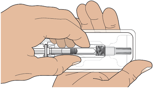 Mani che tengono una penna precompilata con ago protetto e un involucro di plastica trasparente bianco