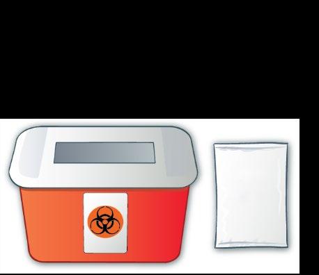 Contenitore arancione per rifiuti speciali con simbolo biohazard e sacchetto sigillato bianco accanto