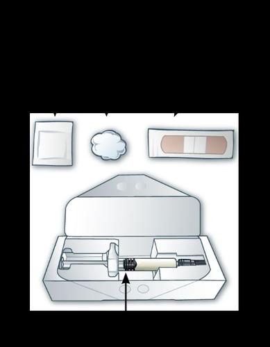 Siringa preriempita in confezione trasparente con stantuffo indicato da freccia, tamponi disinfettanti e cerotti accanto