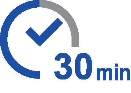 Simbolo di orologio con spunta blu e area grigia che indica 30 minuti di tempo trascorso o attesa