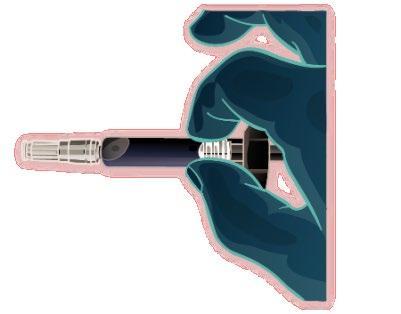 Siringa pre-riempita con stantuffo visibile e ago che penetra in un tessuto muscolare bluastro con contorno rosa