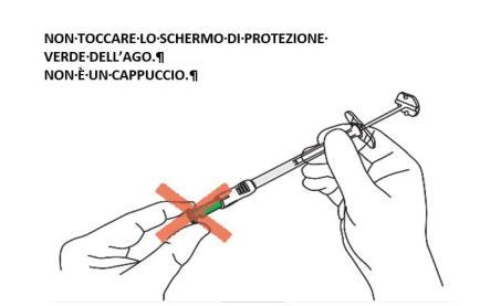 Mano che tiene una siringa preriempita con ago inserito nella pelle, evidenziata da una croce rossa e un bendaggio arancione