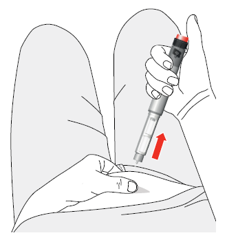 Mano che tiene un dispositivo autoiniettante con ago inserito nella pelle dell