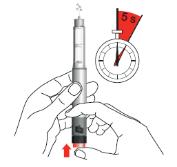 Penna per iniezione in mano con timer che indica 5 secondi e freccia rossa che indica il pulsante di rilascio